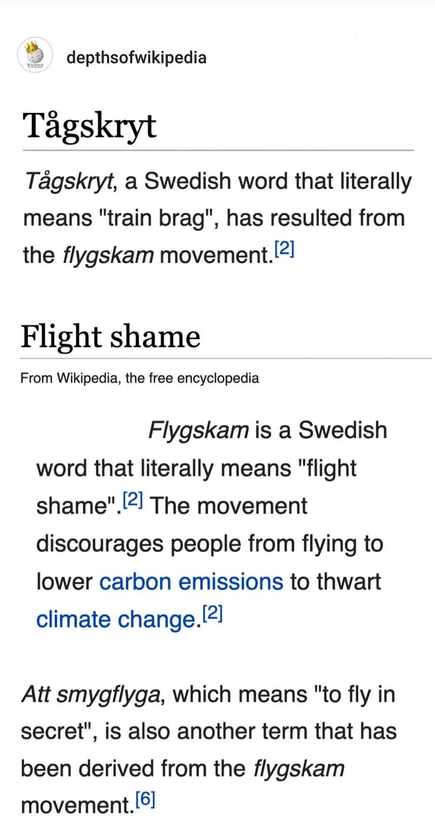 The meme is a screenshot of a Wikipedia page on the word "Tågskryt" (Swedish for "train brag") and its connection to the "flygskam" (flight shame) movement. The page explains that Tågskryt has resulted from the flygskam movement, which is a movement that encourages people to reduce their carbon footprint by avoiding flights. The text on the page is in Swedish and English.
